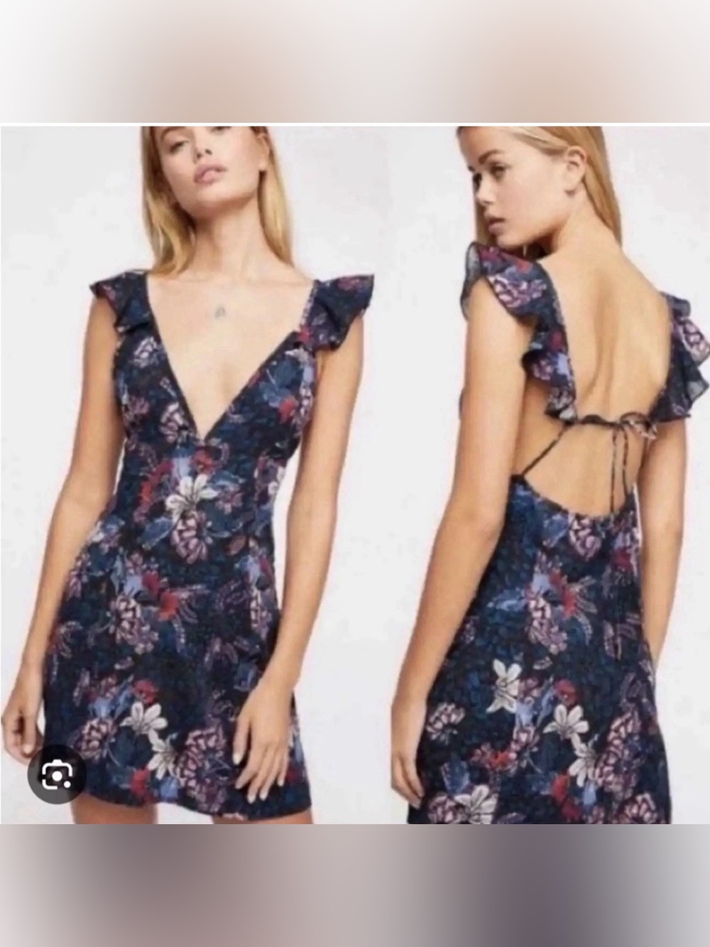 Free People Navy Floral V-Neck Ruffle Mini Dress
